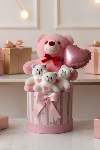 Pembe Peluş Ayıcık Buketi Hediye Kutusu Kalpli Balonlu Sevimli Ayı Seti Sevgiliye, Arkadaşa & Bebek Hediyesi