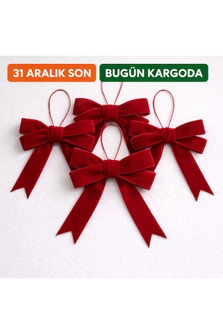 Premium Kadife El Emeği- 5li Yılbaşı Ağaç Süsü Fiyonk Seti -kurdele Fiyonk Noel Ağacı Süsleme Kırmızı