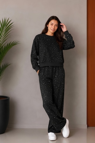 Modanino Kız Çocuk Sim Taşlı+double Face Kumaş Alt-üst Takım 5-15 Yaş 12767sk Siyah