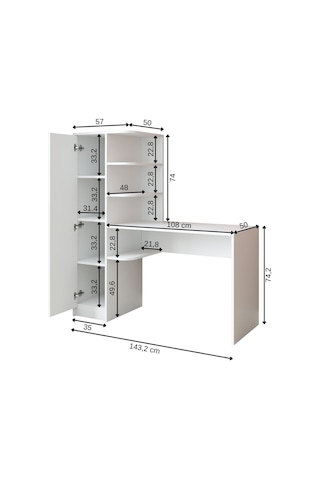 Roma Raflı Çalışma Masası , Çalışma Ofis Masası Sol Dolaplı Beyaz Mat Beyaz