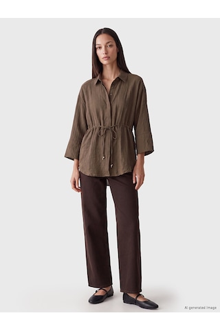 Lcw Everyday Kahverengi Beli Bağcıklı Oversize Kadın Gömlek