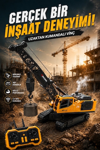 Işıklı Sesli Buharlı Metal Alaşım Uzaktan Kumandalı Rc Vinç Full Fonksiyon Paletli Vinç Sarı