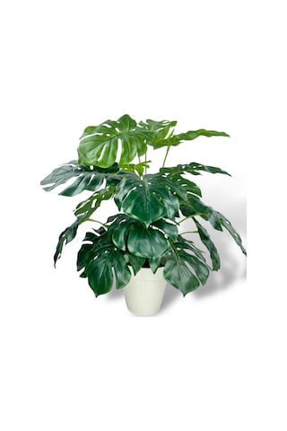 Yapay Çiçek Krem Saksıda Monstera Deve Tabanı Yeşil Doğal Dokulu 18dal 50cm Salon Çiçeği Yapay Bitki