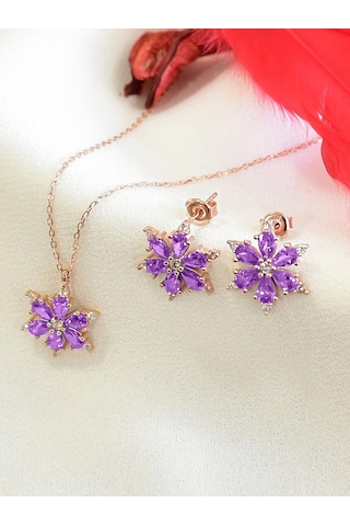 Brezza Lusso Jewelry 925 Ayar Lotus Çiçeği Ametist Taşlı Rose Kadın Kolye Küpe Set 40962551 42 CM 42 CM