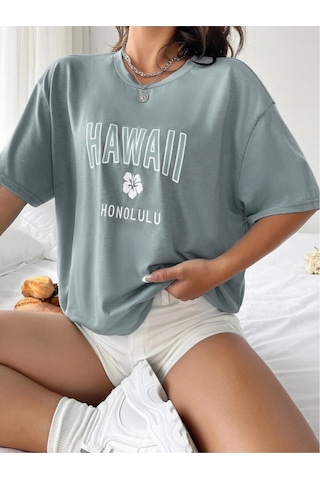 Flood Of Style Kadın Açık Mavi Hawaii Honolulu Baskılı Oversize Bisiklet Yaka Tişört Lacivert