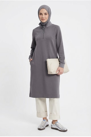 Armine Fermuar Detaylı Basic Tunik Gri