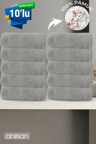 10'lu Gri El Havlusu - 50x90 Cm, 225 Gr, %100 Pamuk, Spa Ve Otel Havlusu, Günlük Kullanıma Uygun Gri