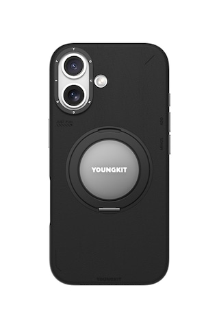 Apple Uyumlu iPhone 17 Kılıf M-safeli 360 Derece Standlı Basit Mat Deri Desenli Youngkit Tech Leather Kapak Siyah Siyah