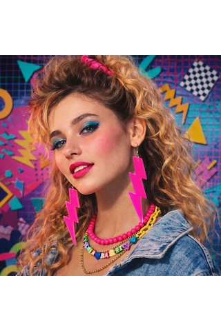 80 Ler 9039lar Retro Neon Pembe Şimşek Küpe 10 Cm "