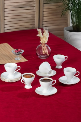 Porsima 4330 Emery 12 Parça 6 Kişilik Yaldızlı Porselen Türk Kahve Fincan Takımı Beyaz