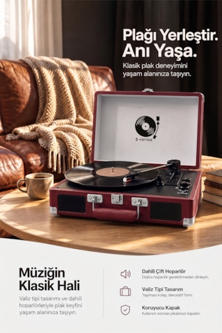 Kensa Bluetooth Lu Nostaljik Çantalı Pikap 33/45/78 Devir Dahili Bataryalı Plak Çalar Bordo