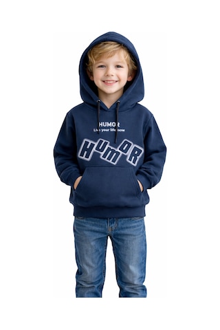İrem Çocuk Giyim Erkek Çocuk Humor Yazılı Kapüşonlu Kanguru Cepli Önü Sırtı Yazı Desenli Lacivert Renk Sweatshirt Lacivert