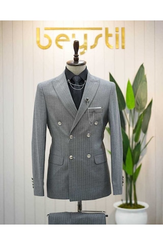 Beystil Sivri Yaka Gri Çizgili Kruvaze Takım Elbise Bezayak036- Slim Fit Gri