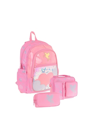 Kaukko Kids Kız Çocuk - Pembe Pullu Bulut Desenli - Okul Çanta Seti Sırt Çantası+beslenme Çantası+kalemlik Pembe