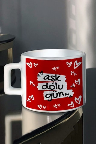 Sevgililer Günü Aşk Dolu Gün Baskılı Espresso Çay Fincanı Beyaz