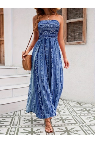 Soonaksesuar Kadın Yakası Gipe Detaylı Önden Yırtmaç Detaylı Desenli Süprem Pantolunetek Tulum Mavi