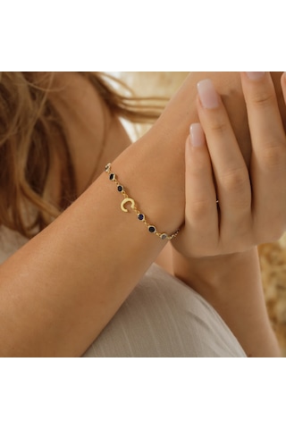 Queen Silver Jewelry  925 Ayar Gümüş Harf Bileklik Mavi Renk Geçişli Tamtur Altın