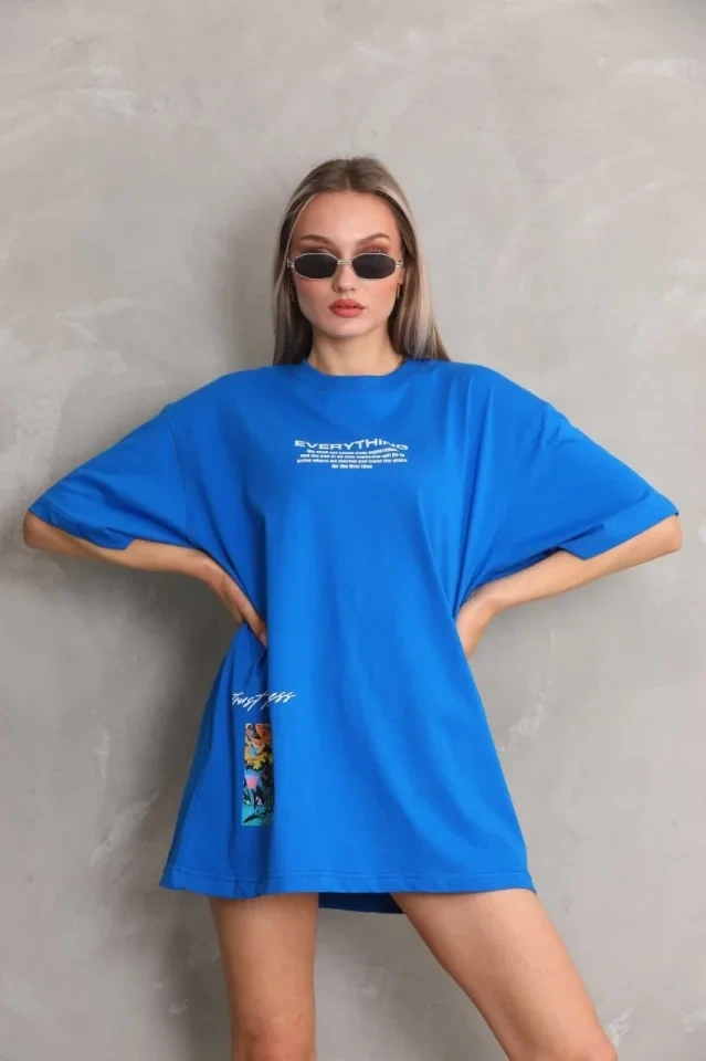 Amorluxe Unisex Bisiklet Yaka Baskılı Oversize T-shirt - Mavi