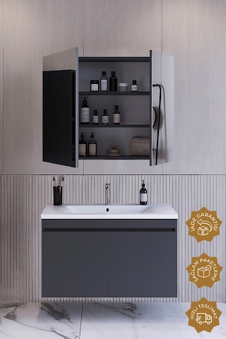 Teta Home Tokyo 80 Cm Mdf Banyo Dolabı Seti Antrasit Antrasit