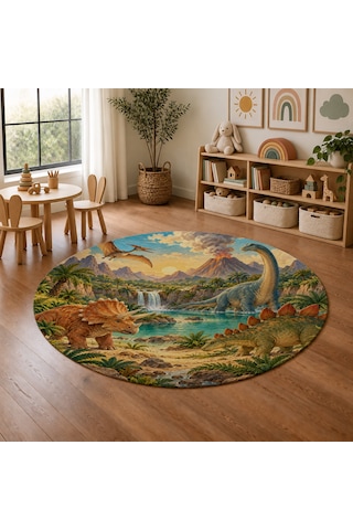 Kartela Halı Dinozor Vadisi Yuvarlak Çocuk Oyun Halısı Kaymaz Dot Taban Yıkanabilir 120 Cm Çap