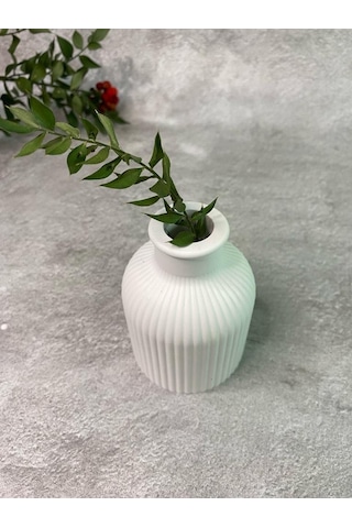 İskandinav Çizgili Dekoratif Pampas Beyaz Beton Vazo 9.5 X 7 Cm