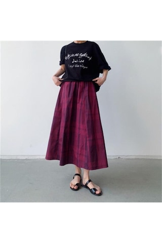 Qooth Kadınlar Rahat 8 Renk Büyük Ekose A-line Etek Tembel Elastik Bel Büyük Salıncak Uzun Etek Bahar Yaz Qt2055 Bordo