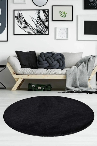 Raschel Carpet Siyah Lüks Raschel Taban Yıkanabilir Kaymaz Taban Yuvarlak Peluş Halı Yolluk Siyah
