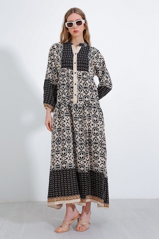 Bigdart Kadın Siyah Krem Desenli Viskon Tesettür Elbise 2423 001