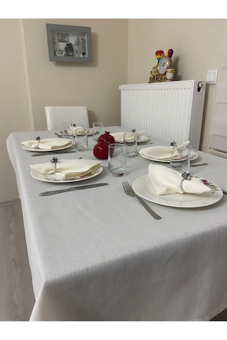 Keten Görünümlü Simli Masa Örtüsü Bej 25 Parça Set