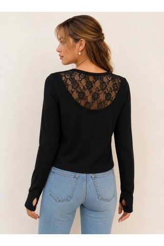 DefyModa Dantel Sırt Detaylı Uzun Kollu Bluz Siyah
