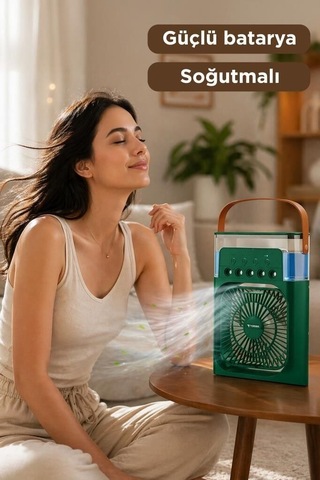 Vantilatör Hava Nemlendirici Masaüstü F17 Yeşil Buharlı Sistem Aroma Cihazı Portatif Cihaz