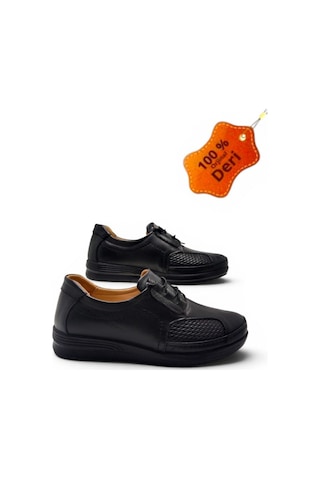Magıc Shoes Kadın Lastik Bağçıklı Tamamen Hakiki Deri Comfort Tam Ortopedik Anne Ayakkabısı Siyah-lastik