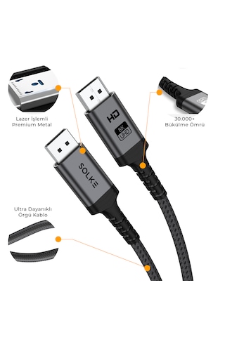 Solke Displayport 1.4 Kablo 8k 60hz 4k 144hz 32.4gbps Örgülü Alüminyum 2 Metre Dp To Dp 2 M