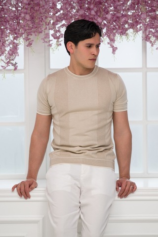 Advante Slimfit Kolları Lastikli Likralı Desenli Bisiklet Yaka Triko T-shirt Krem