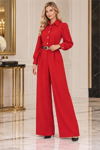 Neşeli Butik Kadın Kırmızı Balon Kol Kemerli Gömlek Yaka Krep Kumaş Tulum Nbk5006