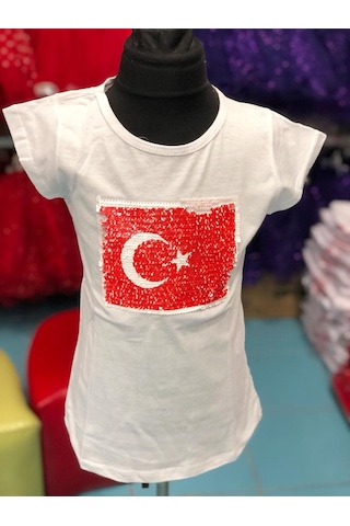 Sedacan Kostüm Atatürk Ve Bayrak Çift Taraflı Payetli Çocuk Tşört Beyaz