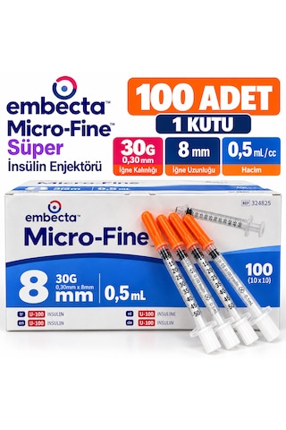 Embecta Micro-fine Süper İnsülin Enjektörü 30g 0,30 Mm X 8 Mm 0,5 Ml 100 Adet 1 Kutu
