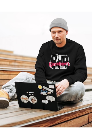 Yazılımcılara Özel Php Developer Baskılı Unisex Regular Sweat, 2 İplik Sıfır Yaka Siyah