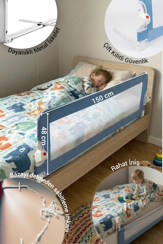 Wellgro Littles 150 48 CM Yatak Bariyeri, Çocuk Yatak Korkuluğu Mavi