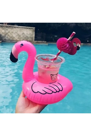 Pembe Flamingo Şişme Bardak Simidi İçecek Tutacağı
