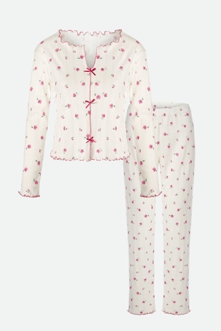 Kadın Pamuklu Çıtır Çiçek Desenli Baby Overloklu Fiyonk Detaylı Uzun Kollu Pijama Takımı Desenli