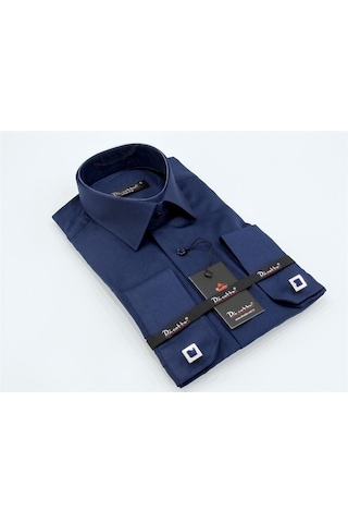 Lacivert Micro Kumaş Kol Düğmeli Slim Fit Düz Renk Gömlek /201-12 Lacivert