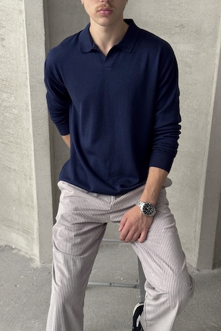 Erkek Pamuklu Polo Yaka Oversize Triko Kazak Lacivert