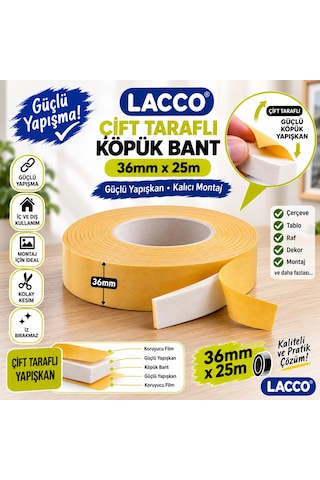 Lacco Çift Taraflı Köpük Bant 36 Mm X 25 M Güçlü Yapışkanlı Montaj Bandı Çok Amaçlı Beyaz 1 Adet