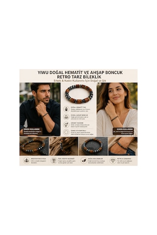 Yıwu Yeni Erkek / Kadın Doğal Hematit Ve Ahşap Boncuk Retro Tarzı Bileklik Unisex El Yapımı Görünümlü Doğal Taş Bileklik Günlük Kullanım, Meditasyon Ve Şık Hediye Metalik & Kahverengi Ahşap