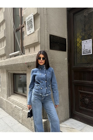 Out Of Standart Kadın Regular Fit Denim Düğme Detaylı Ceket İce Blue
