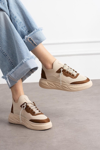 Shoetek Polivya Kadın Sneakers Taşlı Bağcıklı Triko Dokumalı Spor Ayakkabı Kahve Garni Bej Kahve