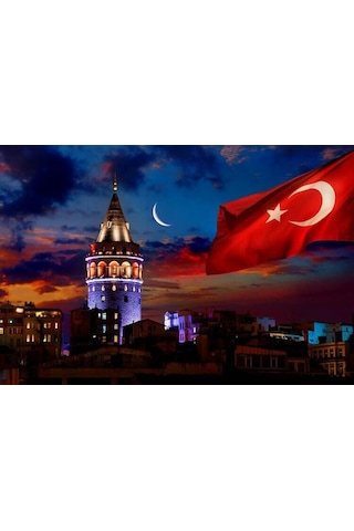 Yatay Galata Kulesi Ve Bayrak Ev Duvar Salon Güzellik Salonu Ofis Dükkan Dekarasyon Kanvas Tablo