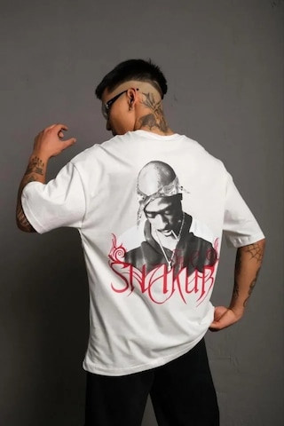 Modi Erkek Oversize Tişört Beyaz 24/1 Penye Kumaş, Bisiklet Yaka, Ön - Arka Baskılı, Streetwear Tarzı Rahat Büyük Kalıp T-shirt- Beyaz