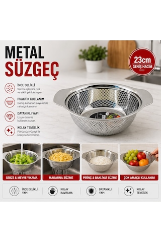 Metal Sepet Süzgeç 23 Cm Kulplu Mutfak Sebze Meyve Yıkama Ve Süzme Aparatı Çok Renkli